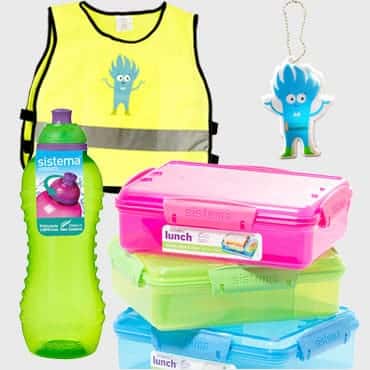 Turpakken til barn. Sistema matboks, drikkeflaske samt refleksvest og liten refleks